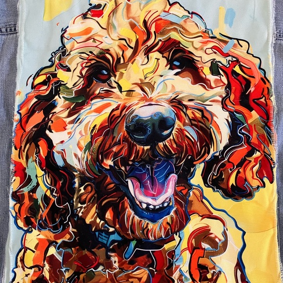 UPCYCLED Levi’s Denim Shirt w/Labradoodle Golden Doodle Colorful. XL (men’s L). - Picture 2 of 10